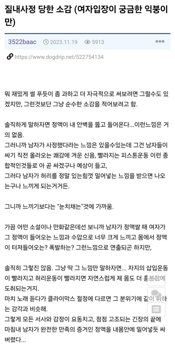 여자 입장에서 질싸 당할때 느끼는 것