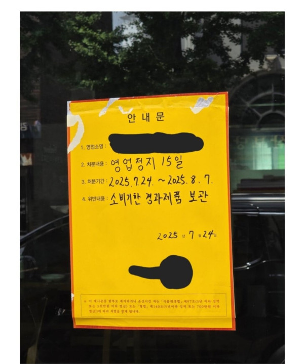 소비기한 경과제품 보관으로 영업정지 15일