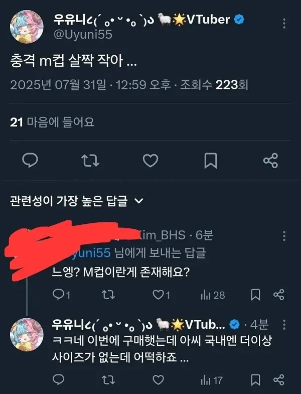 M컵을 인증한 버튜버