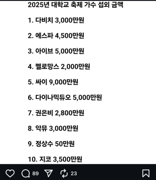 25년 대학축제 가수 섭외 비용