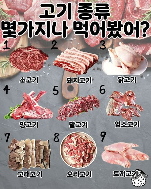이 중에서 먹어본 고기 종류는