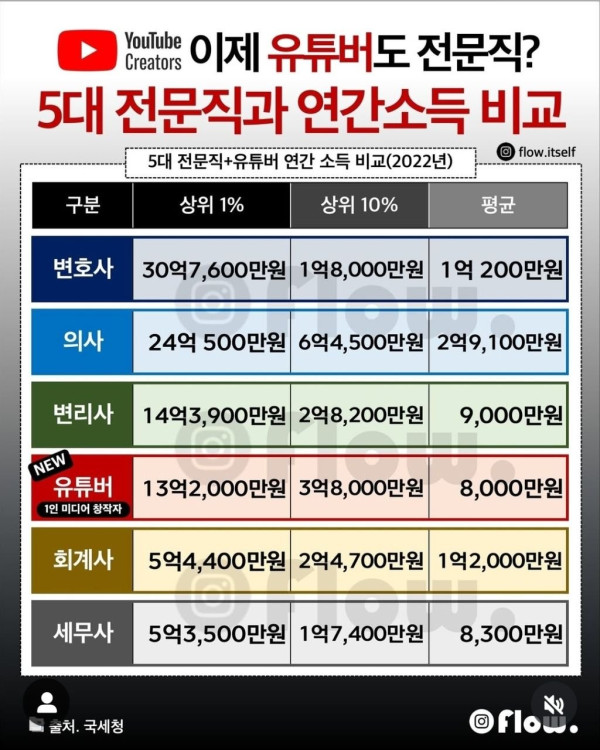 5대 전문직 사이에서도 안꿀리는 유튜버 수입