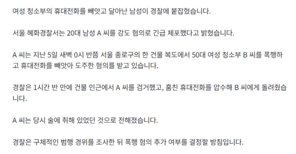50대 여성 청소부 휴대전화 빼앗아 도주, 20대 강도 검거