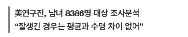못생길수록 수명 짧다...잘생긴 경우는 평균과 수명 차이 없어...