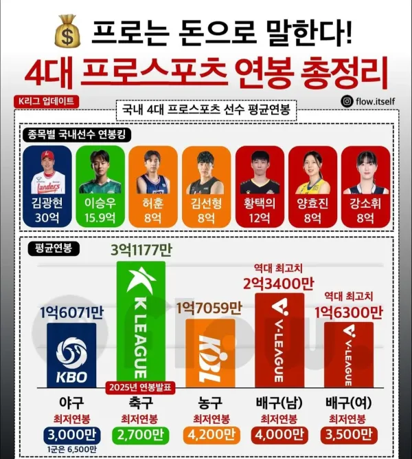 2025년 한국 4대 스포츠 최고연봉, 평균연봉