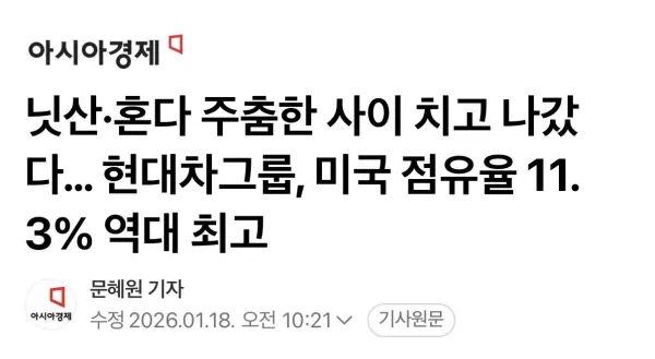 미국 점유율 최고치 기록한 현대차
