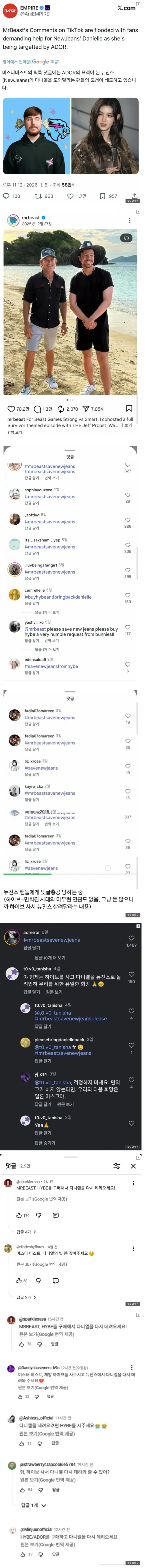 미스터 비스트가 뉴진스 팬들에게 공격받은 이유