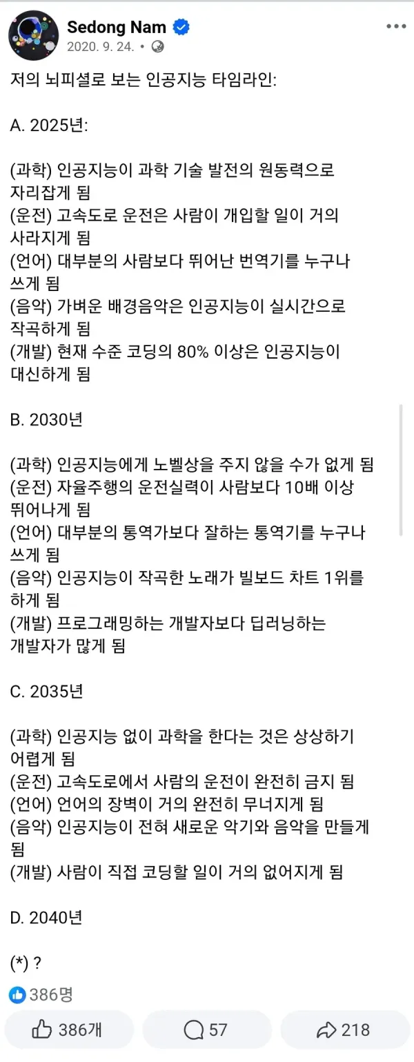 6년 전 한 개발자가 예측한 인공지능 타임라인