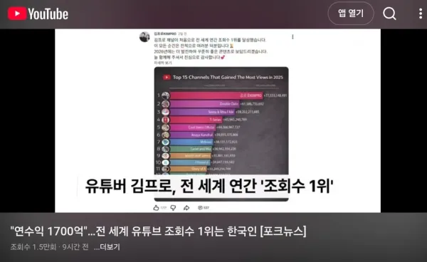 유튜브 전 세계 조회수 1위 주인공은 한국인이였다
