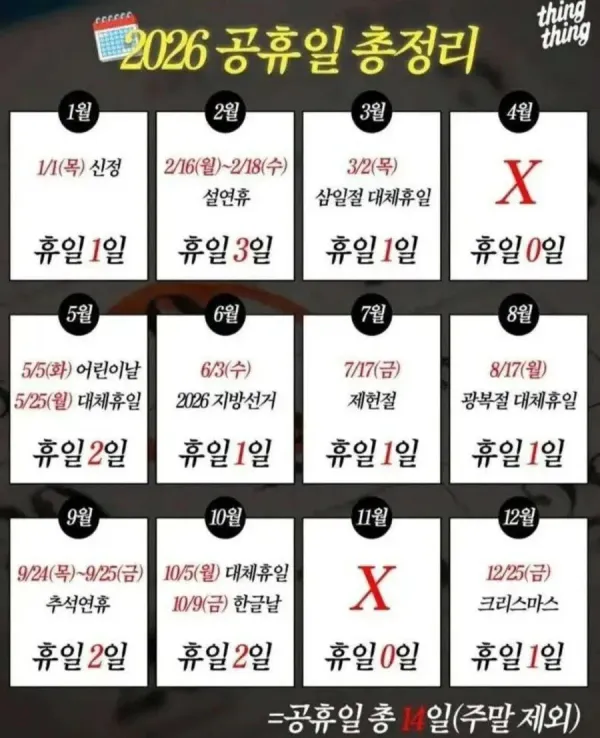 26년 공휴일 총정리 ㄷㄷ