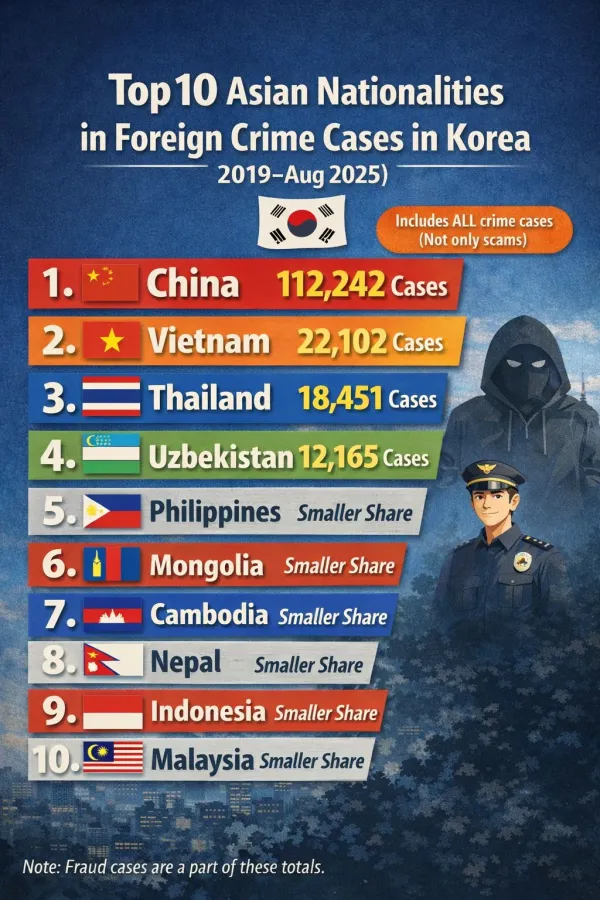 2019~2025 국내 외국인 범죄건수 많은 국가별 순위