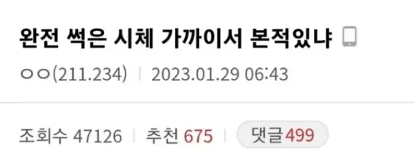 완전 썩은 시체 가까이서 본 적 있냐는 디씨인