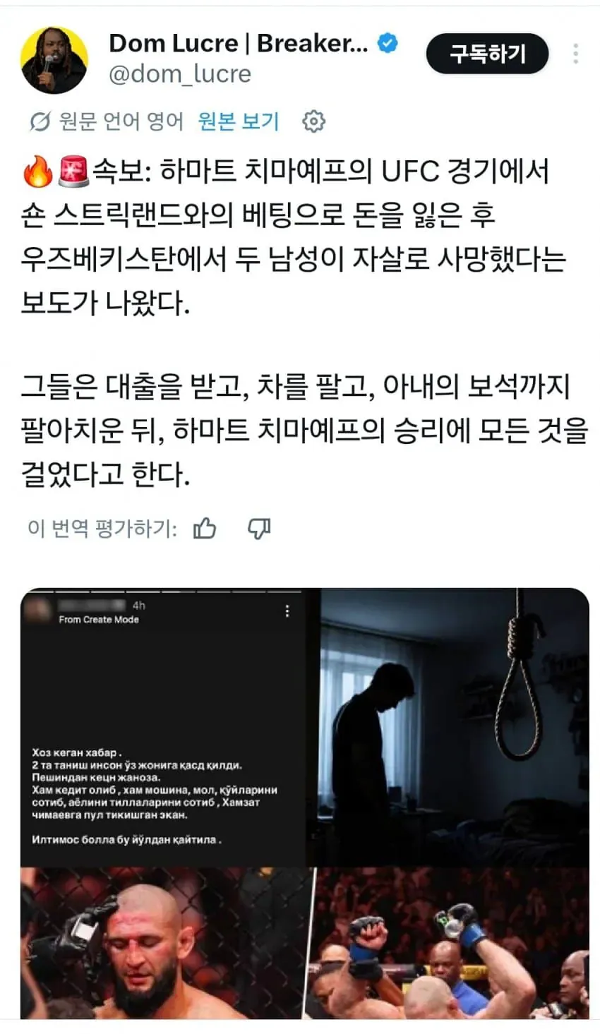 UFC 치마예프 승에 걸었다가 전재산 잃은 우즈벡 남자