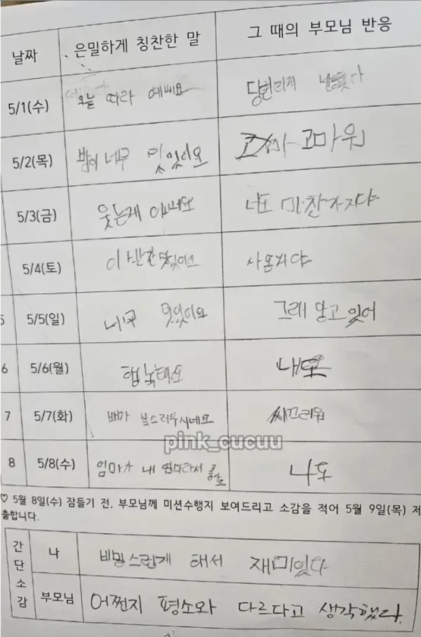 학교에서 내 준 어버이날 숙제