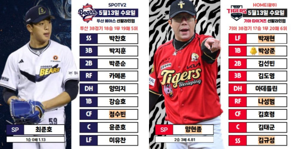 5월 13일 KBO 전체 라인업 !!