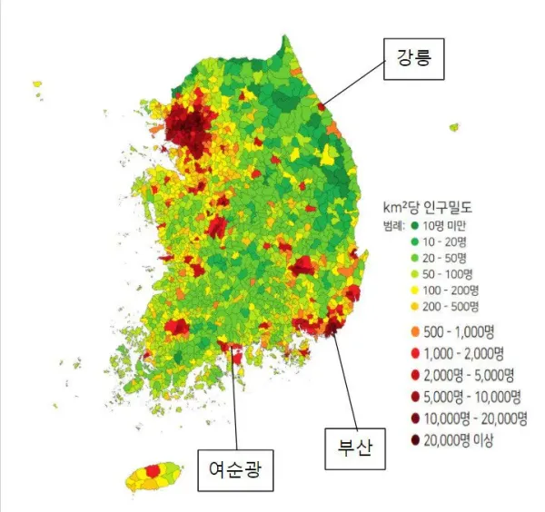 일본과 한국의 인구밀도 분포