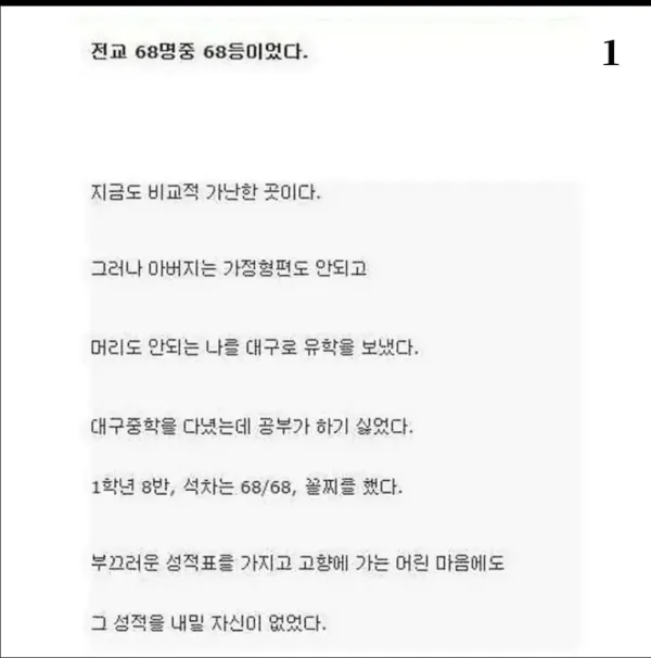 나는 전교 68명중 68등이었지만 아버진 돼지를 잡았다