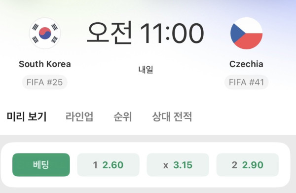 하루 남은 월드컵 한국 VS 체코 배당률