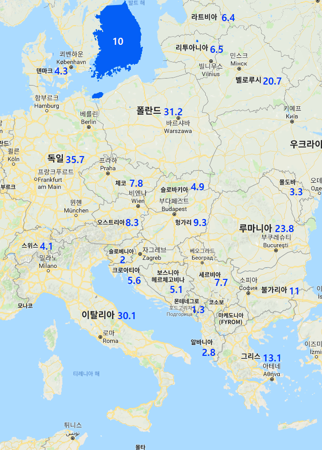 유럽 국가들과 한국 면적 비교
