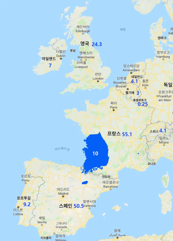 유럽 국가들과 한국 면적 비교